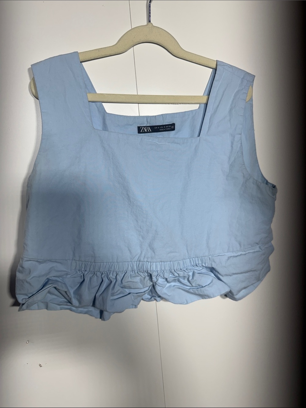 Zara Sky Blue Square Neck Ruffle-Hem Crop Top